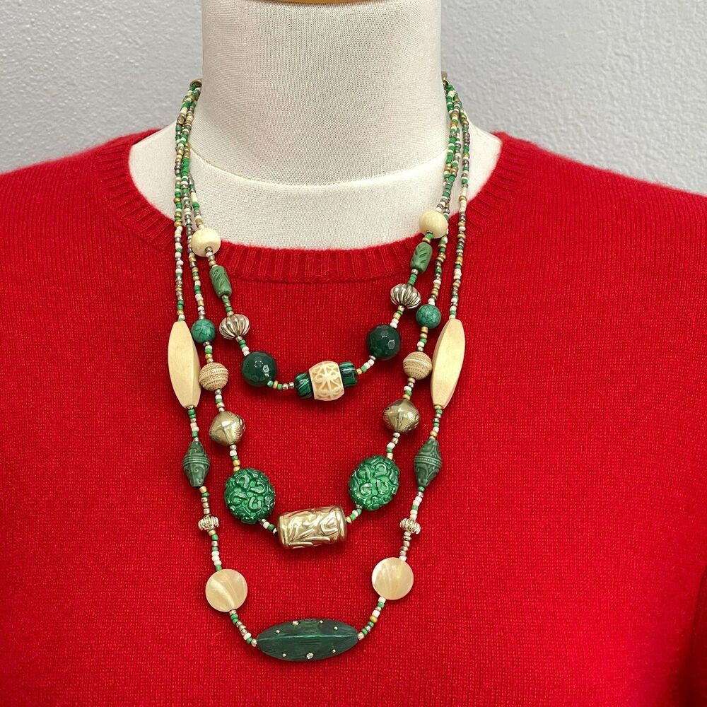 Chico's Green Gold-tone Beige Beaded Beads Fashion Necklace 3 Strands